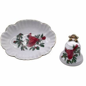 Lefton Cardinal Christmas Tree Mint Dish & Bell Set  Candy Nut Holiday Holly